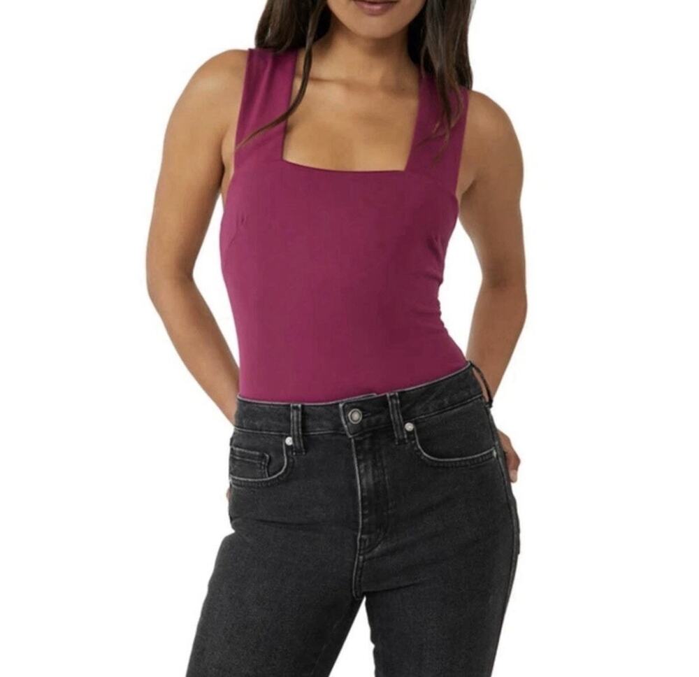 FREE PEOPLE She's So Sleek Bodysuit Square Neck Raspberry Fuchsia M Fitted Top